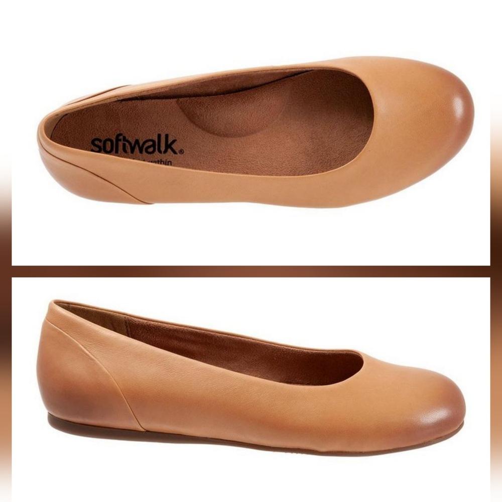 SoftWalk Tan Leather Flats with Cushioned Footbed